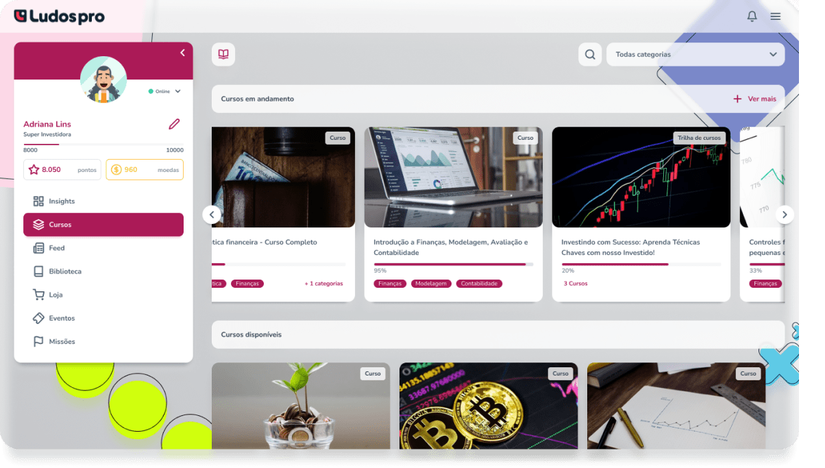 Área de cursos da Plataforma de aprendizagem Ludos Pro