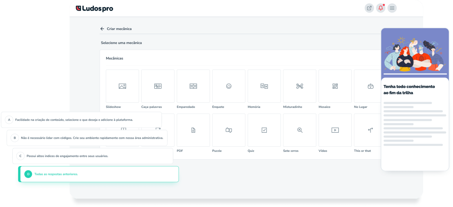 Diversas mecânicas da Plataforma Ludos Pro