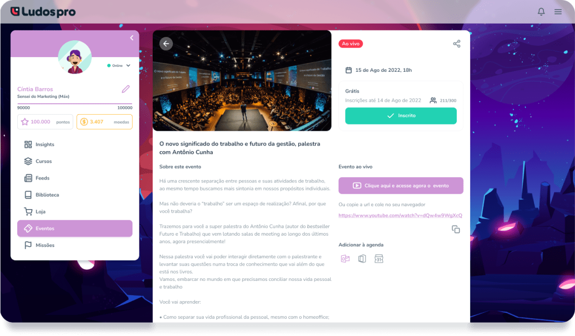 Área de eventos na plataforma Ludos Pro