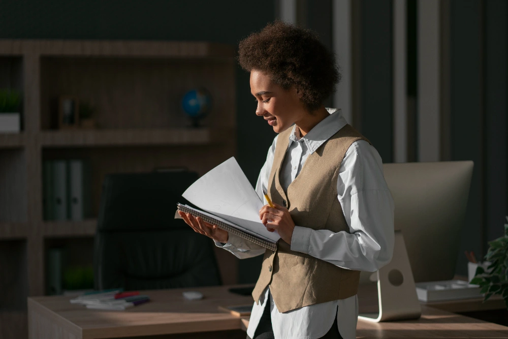 Uma mulher jovem, de cabelos curtos e cacheados, está em um escritório moderno, segurando um caderno e um lápis enquanto revisa anotações. Ela veste uma camisa branca e um colete bege, e parece concentrada e sorridente. Ao fundo, há uma estante com livros e decorações, além de uma mesa de trabalho com um computador.